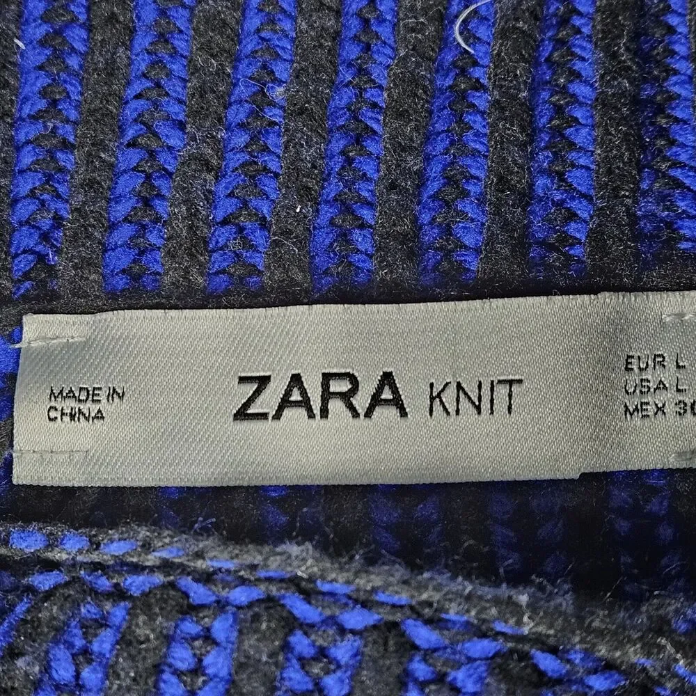 ZARA Knit Women's Blue/Black Striped Roll-Neck Turtleneck Sweater Size Large‎
